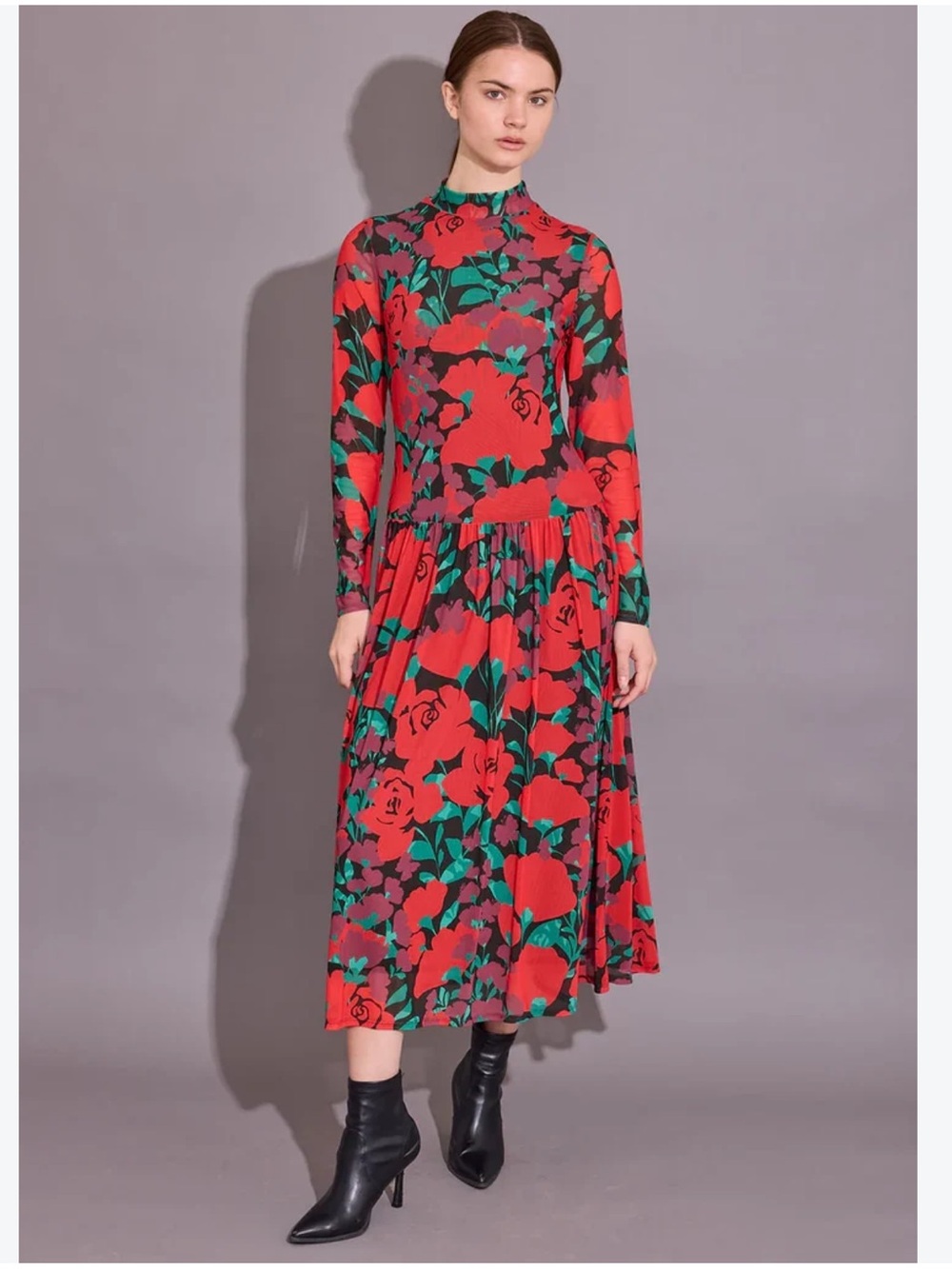 Alden Floral Red and Green High-Neck Midi Dress